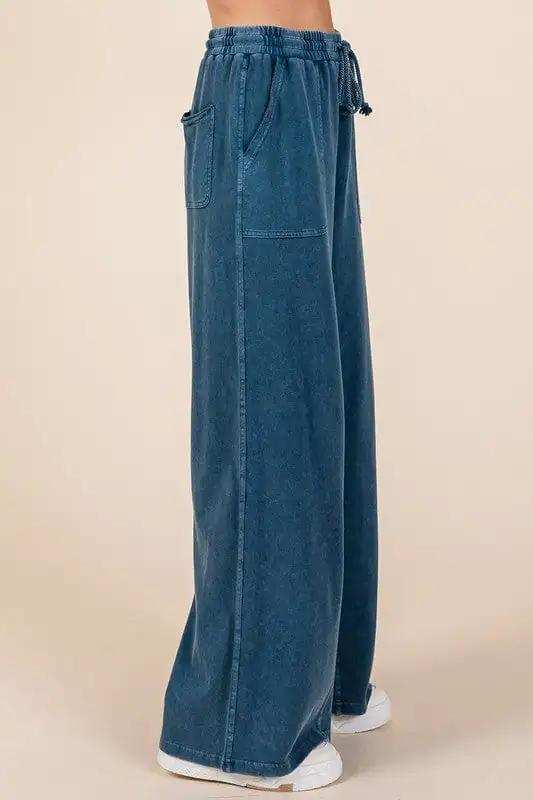 Mittoshop Mineral Wash French Terry Drawstring Wide Leg Pants - Trendsi - Flyclothing LLC