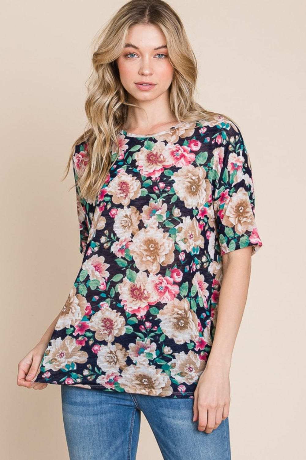 BOMBOM Floral Round Neck T-Shirt - Trendsi - Flyclothing LLC