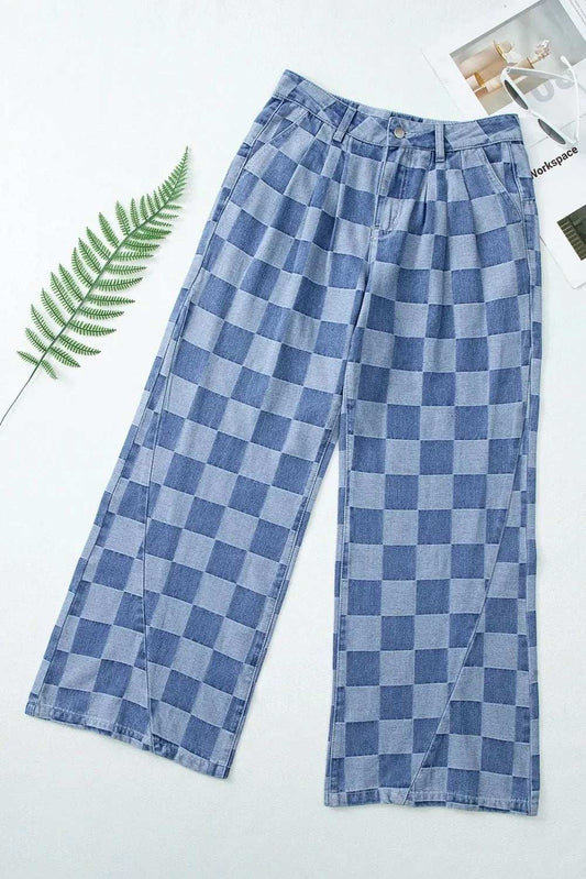 Checkered Wide Leg Jeans with Pockets - Trendsi - Flyclothing LLC