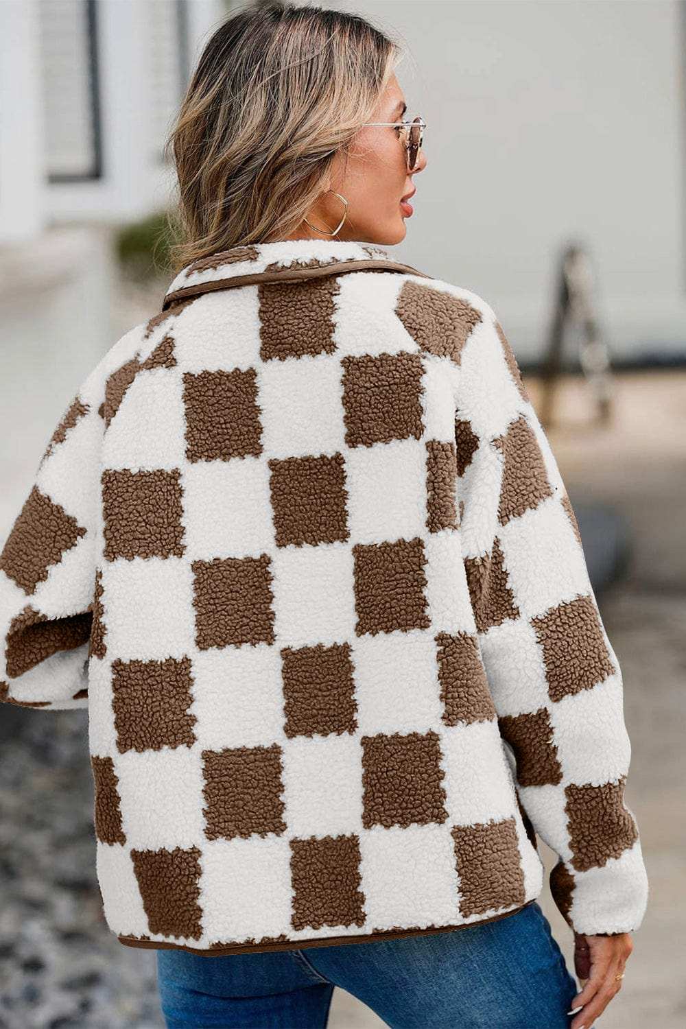 Checkered Snap Down Long Sleeve Teddy Jacket - Trendsi - Flyclothing LLC