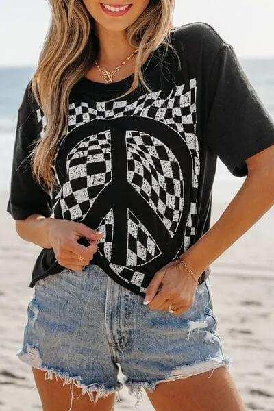 Checkered Peace Sign Round Neck T-Shirt - Trendsi - Flyclothing LLC