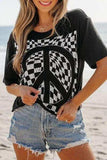 Checkered Peace Sign Round Neck T-Shirt - Trendsi - Flyclothing LLC