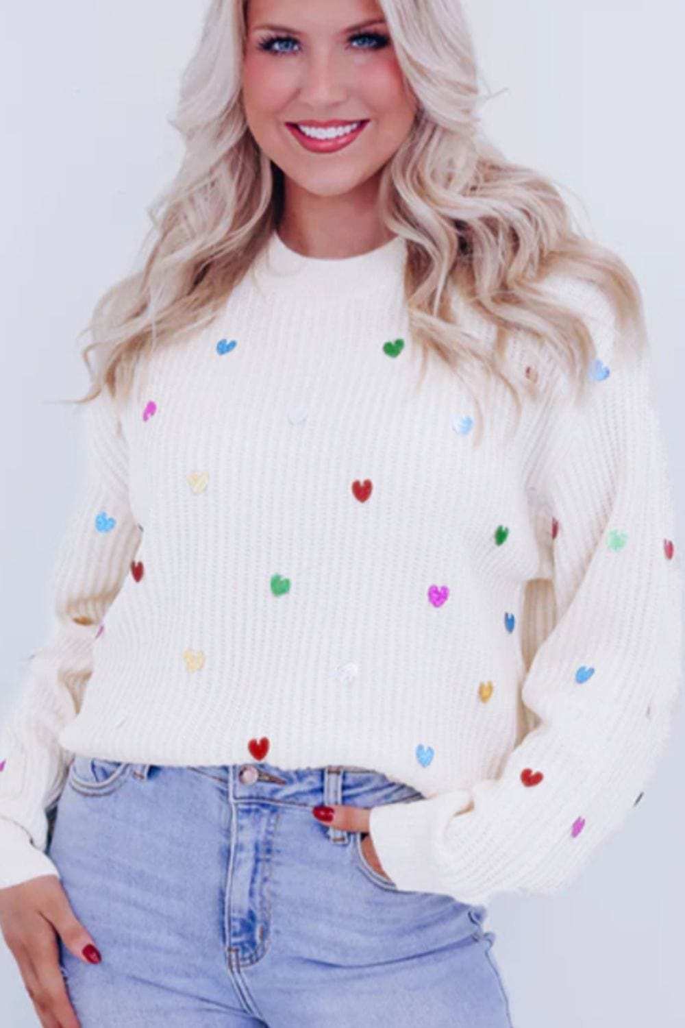 Heart Sequin Round Neck Long Sleeve Sweater - Trendsi - Flyclothing LLC