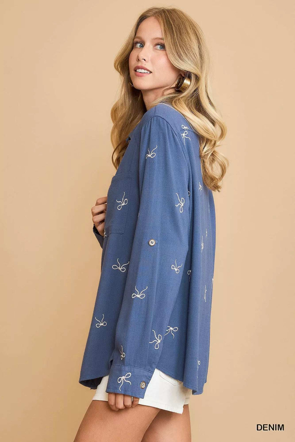 Umgee Linen Blend Fitted Shirt with Ribbon Embroidery Details - Trendsi - Flyclothing LLC