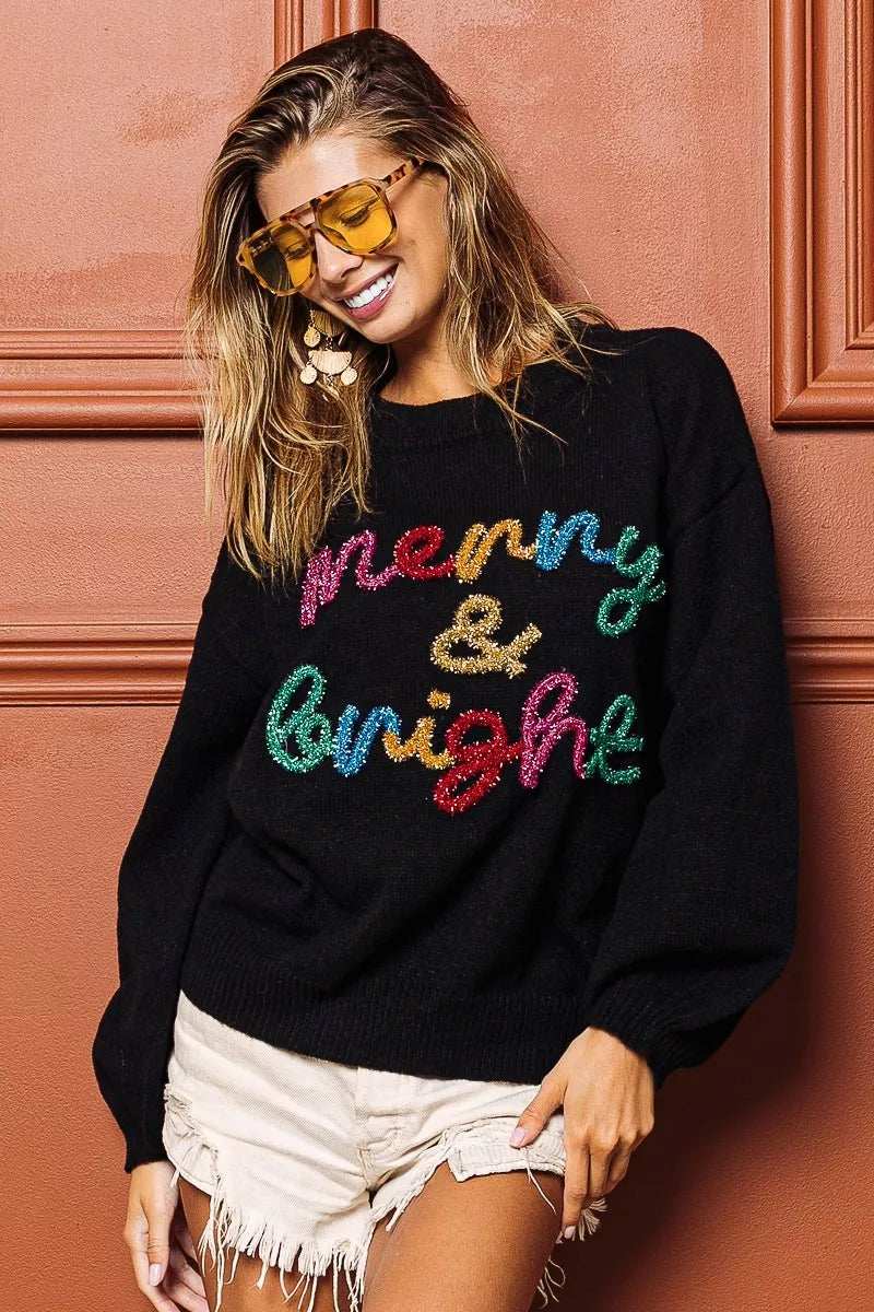 BiBi Tinsel Lettering Christmas Sweater - Trendsi - Flyclothing LLC