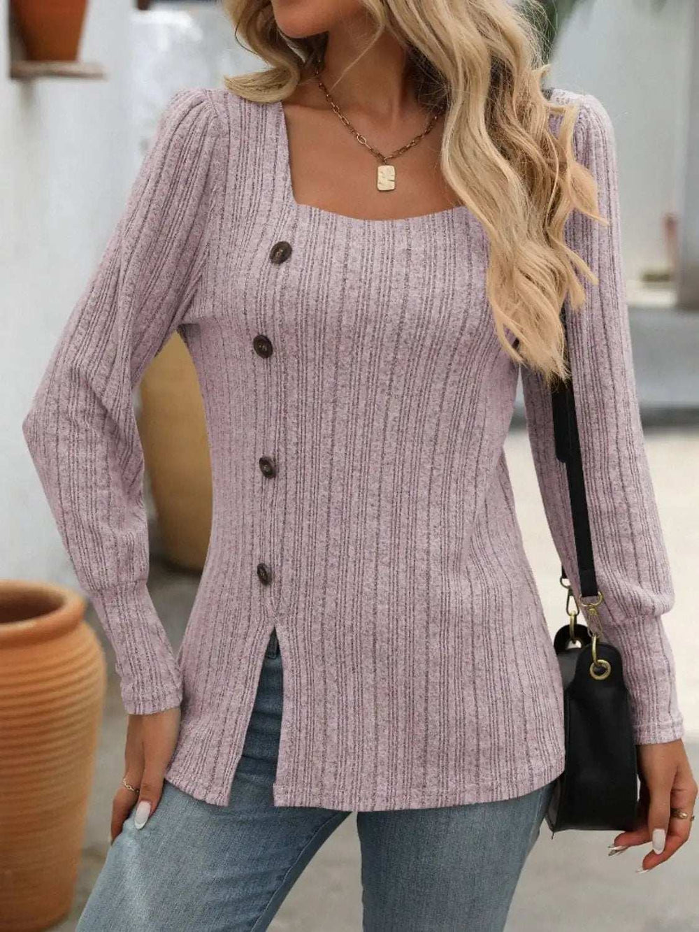 Decorative Button Striped Square Neck Long Sleeve T-Shirt - Trendsi - Flyclothing LLC