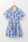 Printed Tie Neck Short Sleeve Mini Dress - Trendsi - Flyclothing LLC