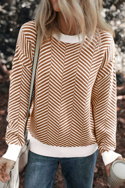 Striped Round Neck Long Sleeve Sweater - Trendsi - Flyclothing LLC