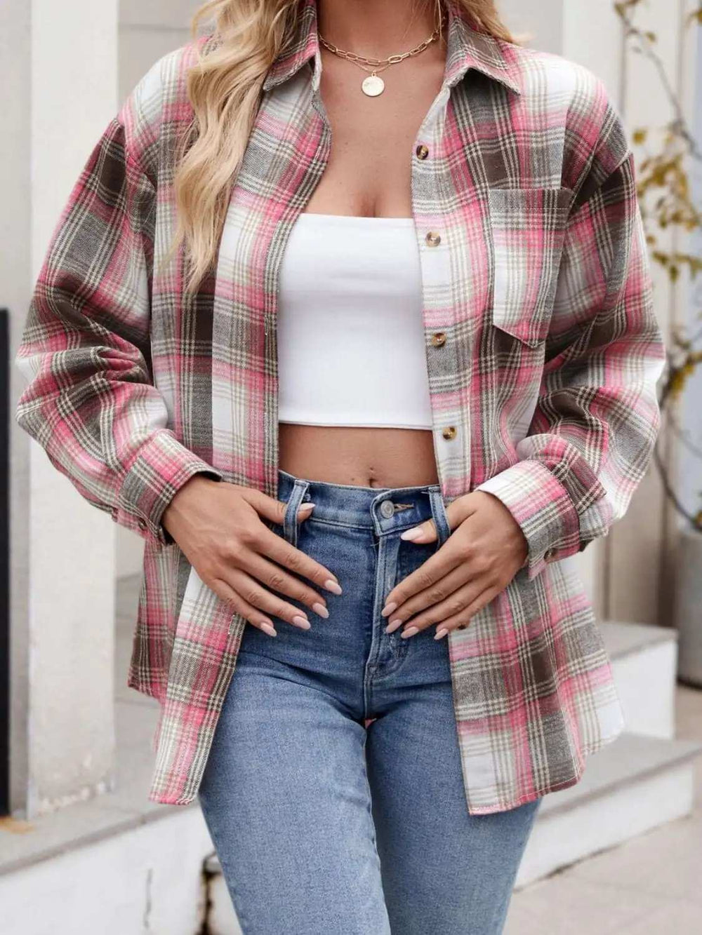 Plaid Collared Neck Long Sleeve Shirt - Trendsi - Flyclothing LLC