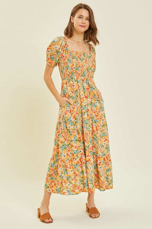 HEYSON Full Size Floral Smocked Tiered Midi Dress - Trendsi - Flyclothing LLC