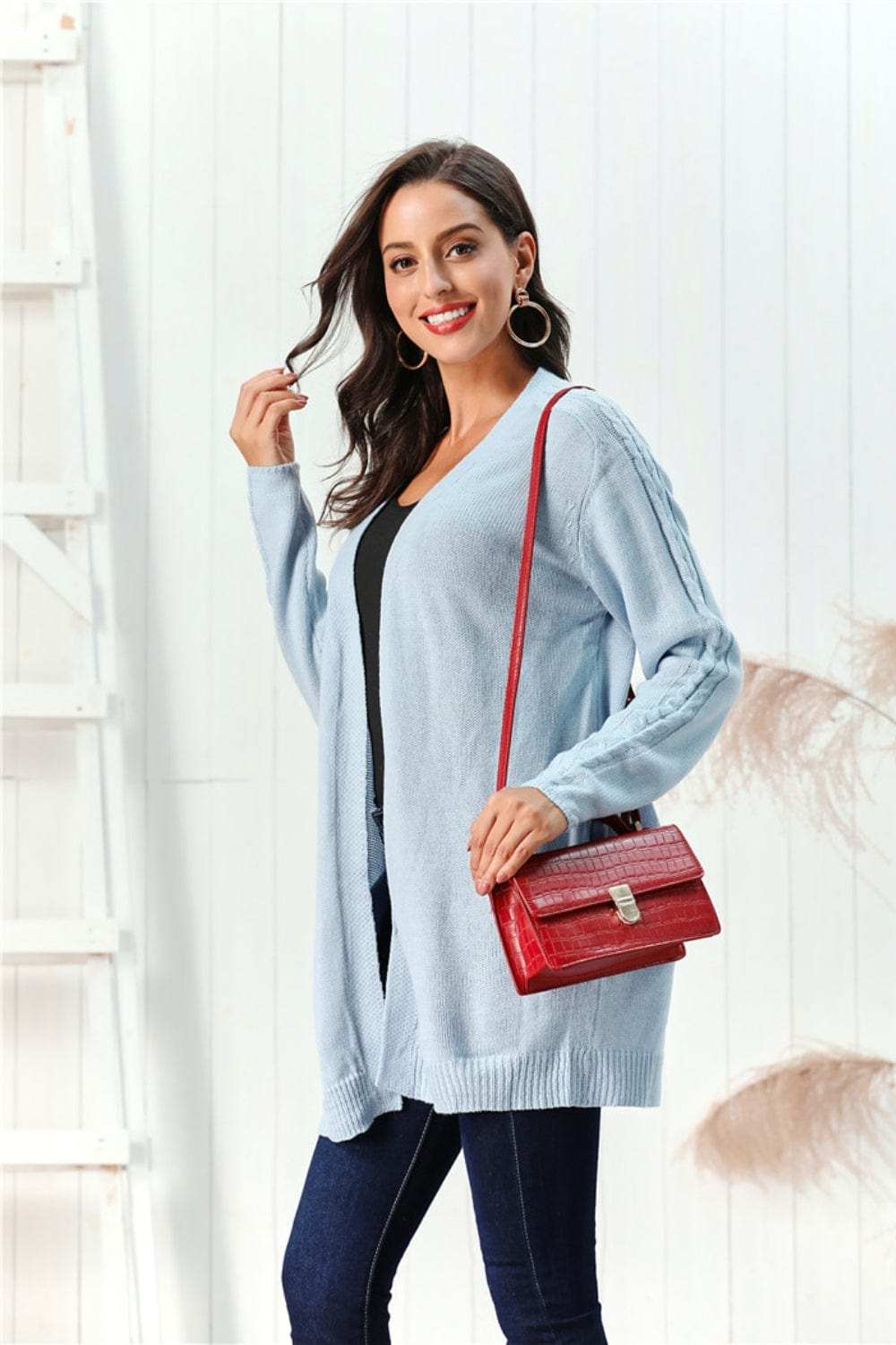 Cable-Knit Open Front Long Sleeve Cardigan - Trendsi - Flyclothing LLC
