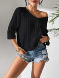 V-Neck Three-Quarter Sleeve Knit Top - Trendsi - Flyclothing LLC