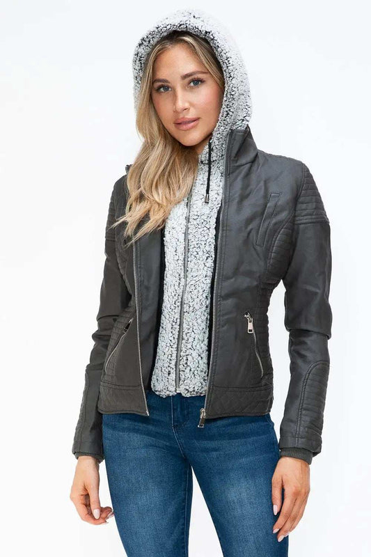 YMI Faux Layered Double-Zipper Jacket with Fuzzy Hood - Trendsi - Flyclothing LLC