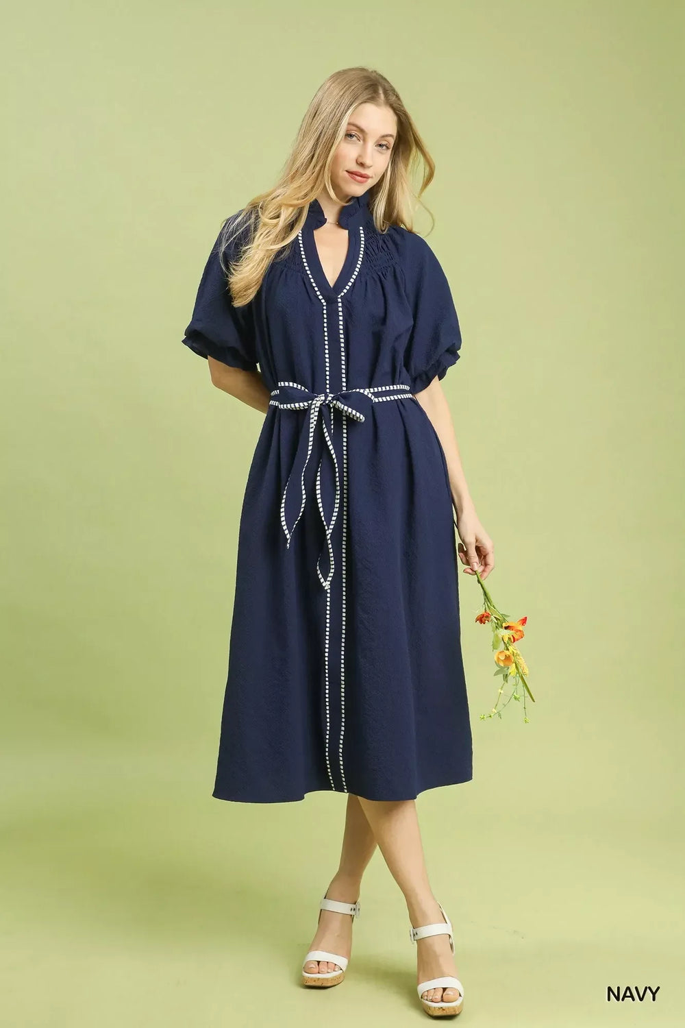 Umgee Ruffle Collar Midi Dress with Stripe Trim - Trendsi - Flyclothing LLC