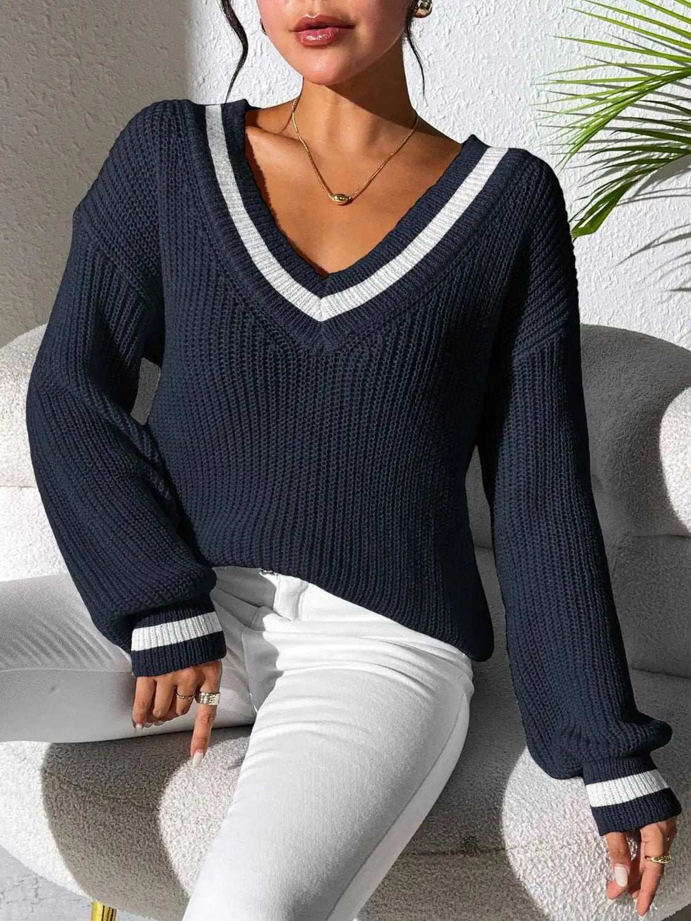 Contrast Trim V-Neck Long Sleeve Sweater - Trendsi - Flyclothing LLC