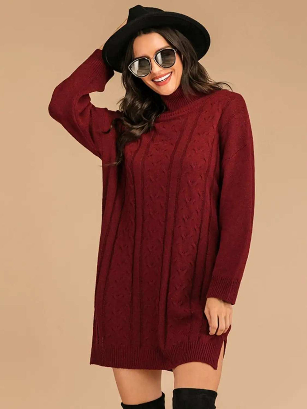 Perfee Slit Turtleneck Long Sleeve Mini Sweater Dress - Trendsi - Flyclothing LLC