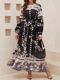 Printed Round Neck Long Sleeve Maxi Dress with Pockets - Trendsi - Flyclothing LLC