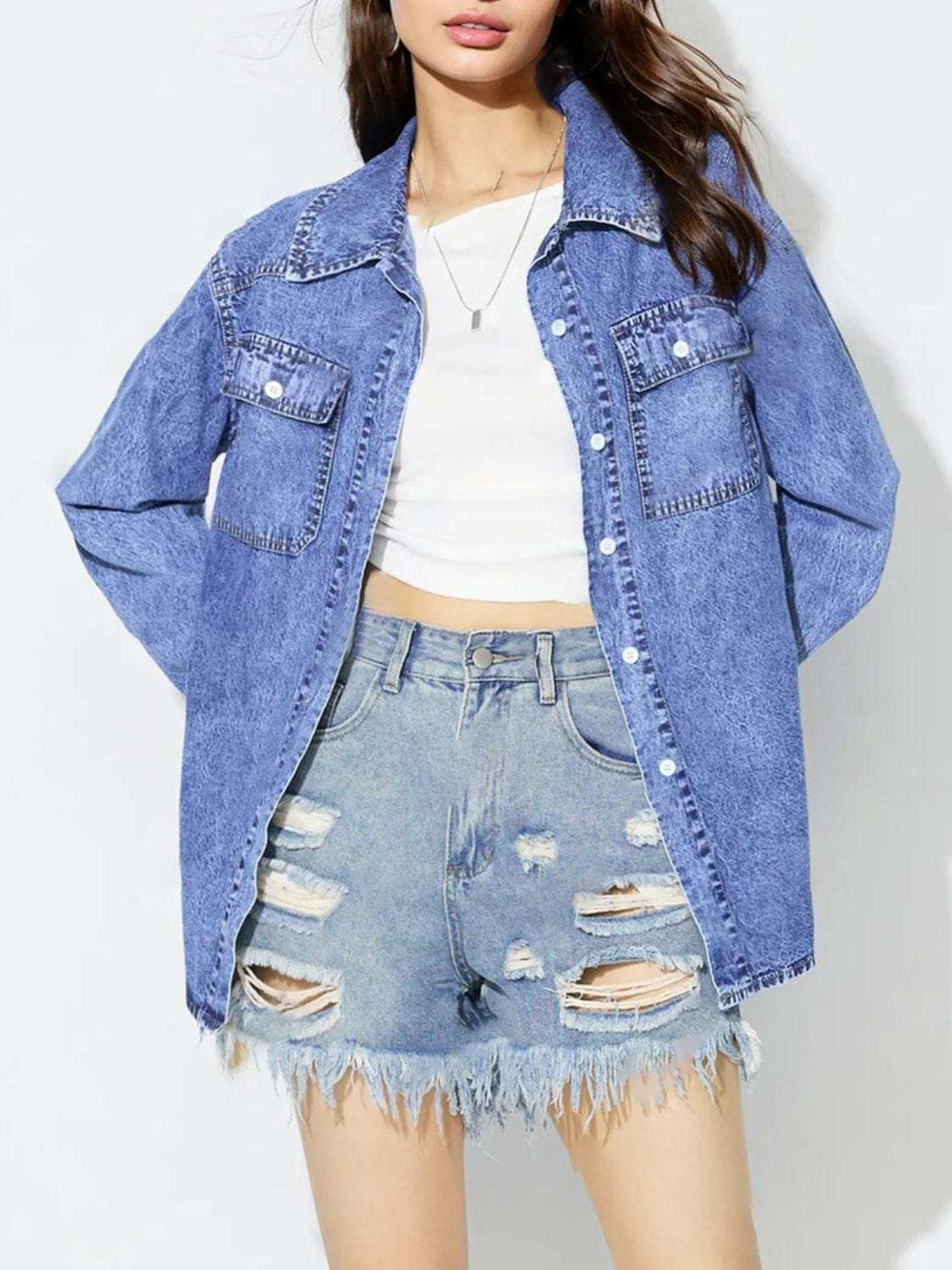 Curved Hem Collared Neck Denim Top - Trendsi - Flyclothing LLC