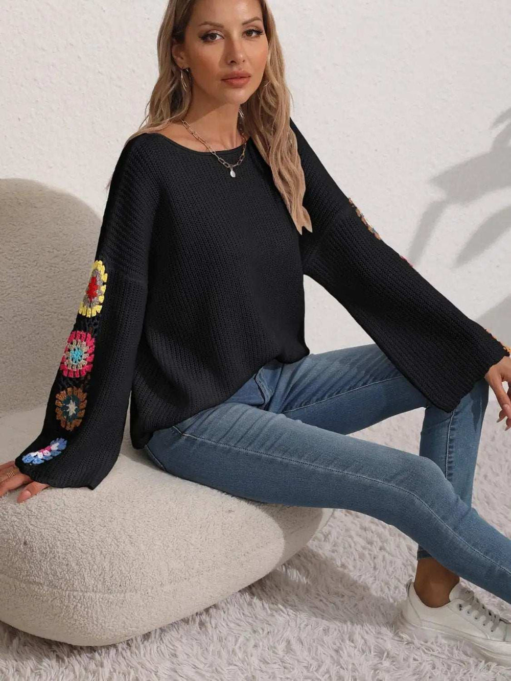 Crochet Flower Long Sleeve Sweater - Trendsi - Flyclothing LLC