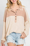 Waffle-Knit Color Block Half Button Long Sleeve Top - Trendsi - Flyclothing LLC