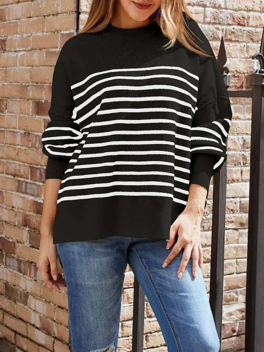 Striped Round Neck Long Sleeve Sweatshirt - Trendsi - Flyclothing LLC