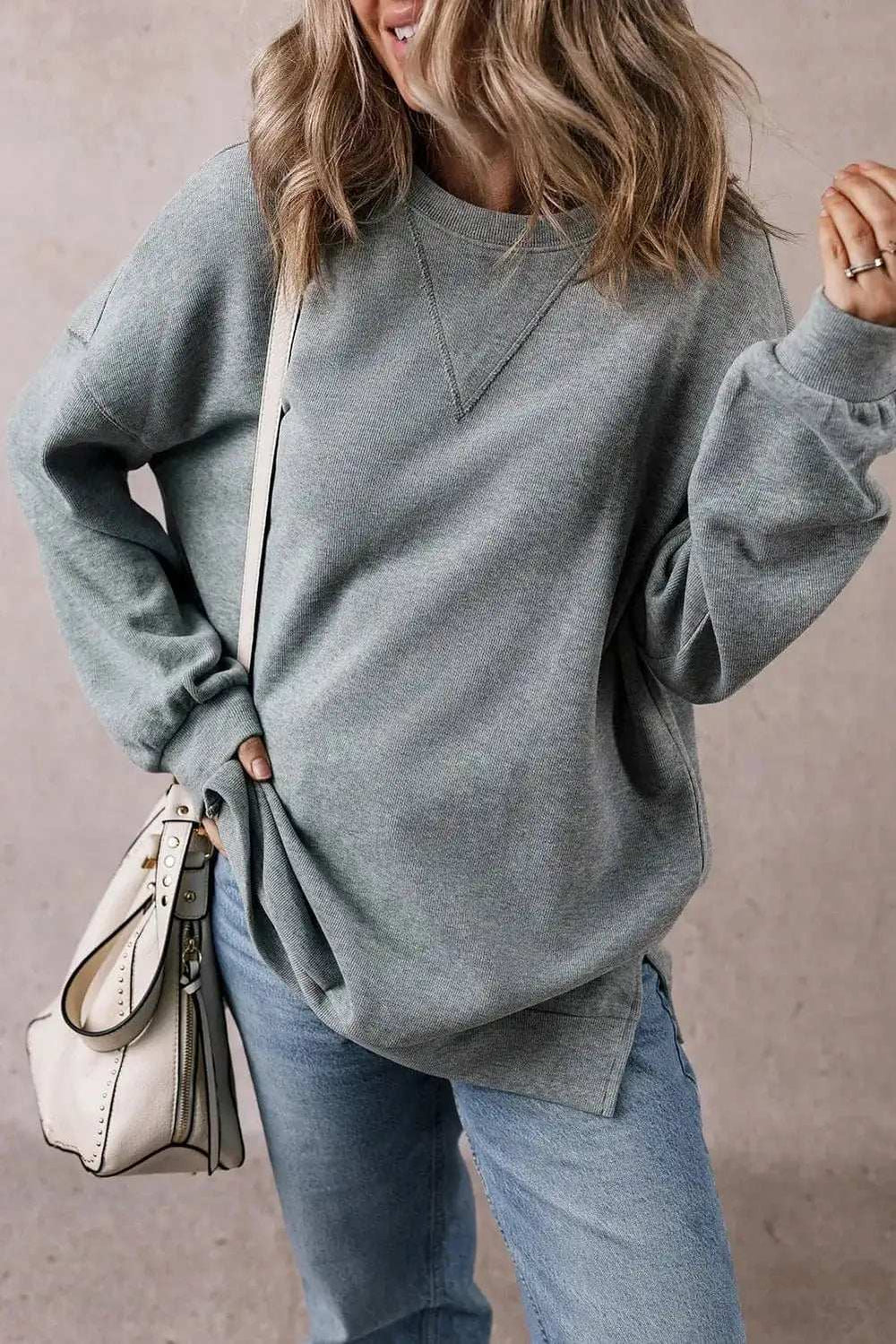 Slit Round Neck Long Sleeve Sweatshirt - Trendsi - Flyclothing LLC