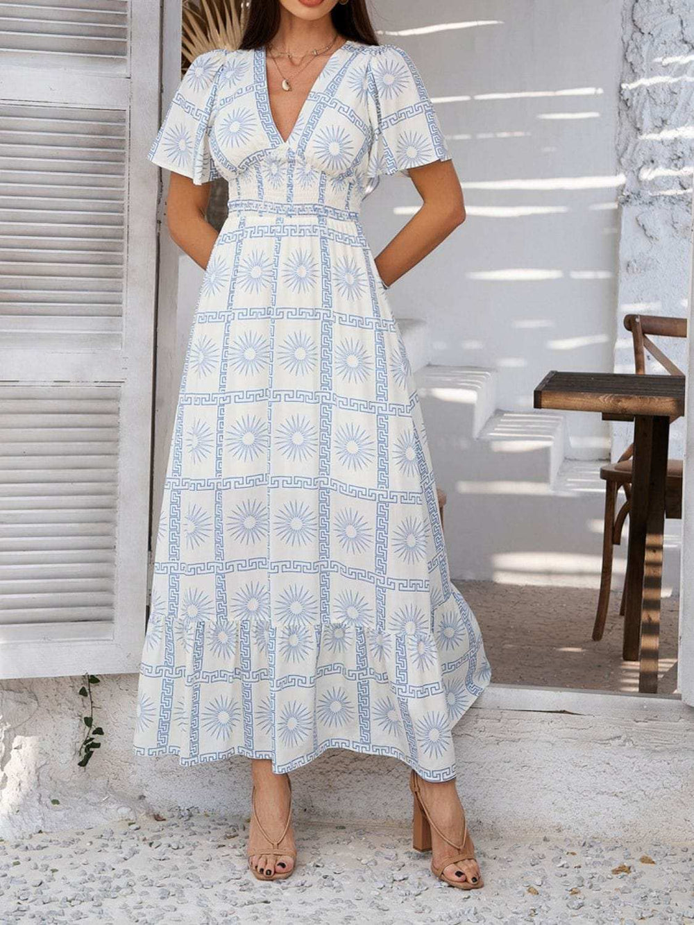 Devine Smocked Printed V-Neck Short Sleeve Maxi Dress - Trendsi - Flyclothing LLC