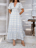 Devine Smocked Printed V-Neck Short Sleeve Maxi Dress - Trendsi - Flyclothing LLC