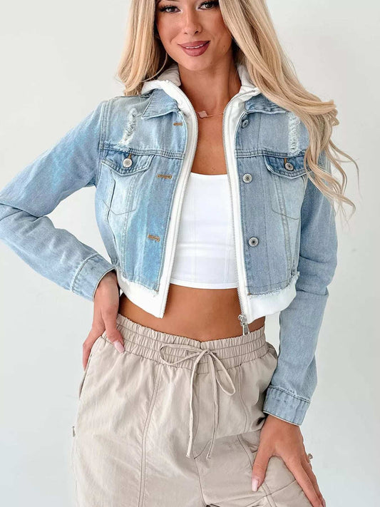 Distressed Zip Up Cropped Hooded Denim Jacket - Trendsi - Flyclothing LLC