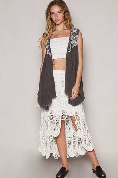 POL Embroidered Pearls Open Front Sleeveless Cardigan - Trendsi - Flyclothing LLC