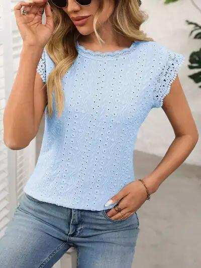 Lace Detail Round Neck Cap Sleeve Top - Trendsi - Flyclothing LLC