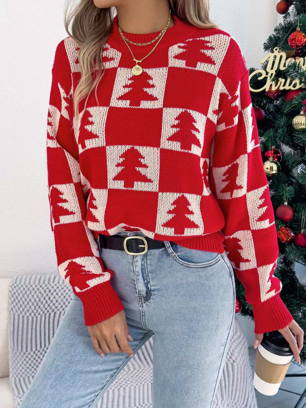 Christmas Tree Checkerboard Pattern Sweater - Trendsi - Flyclothing LLC