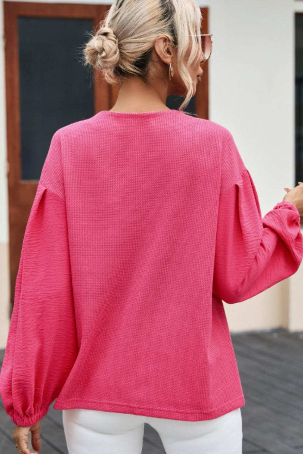 Waffle-Knit V-Neck Long Sleeve Blouse - Trendsi - Flyclothing LLC