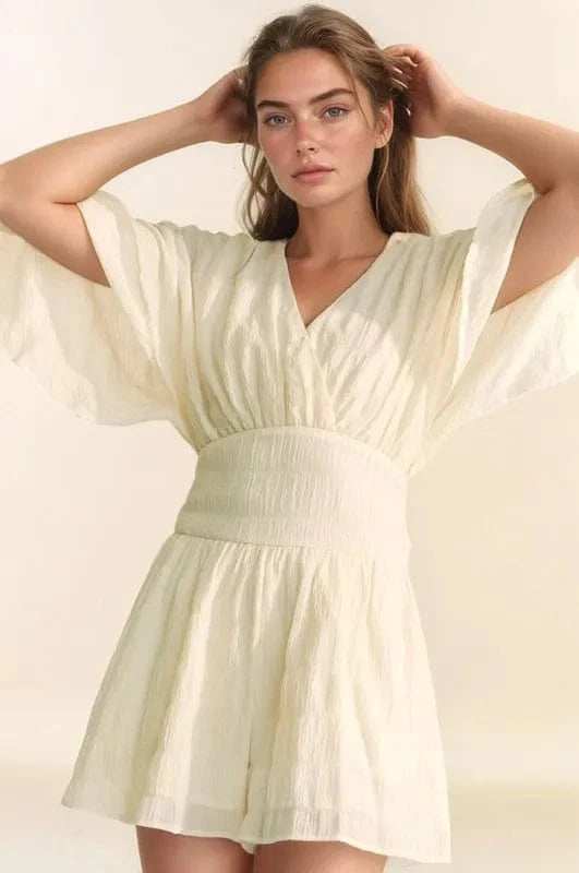 Davi & Dani Batwing Sleeve Waist Belt Romper - Trendsi - Flyclothing LLC