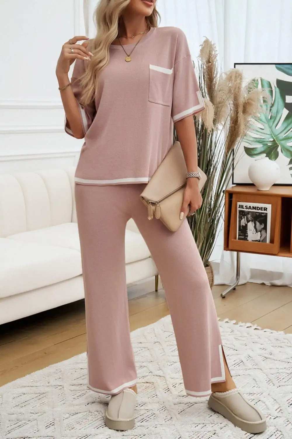 Devine Contrast Trim Half Sleeve Top and Pants Set - Trendsi - Flyclothing LLC