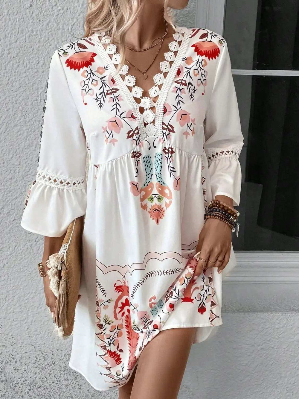 Lace Detail Printed Three-Quarter Sleeve Dress - Trendsi - Flyclothing LLC