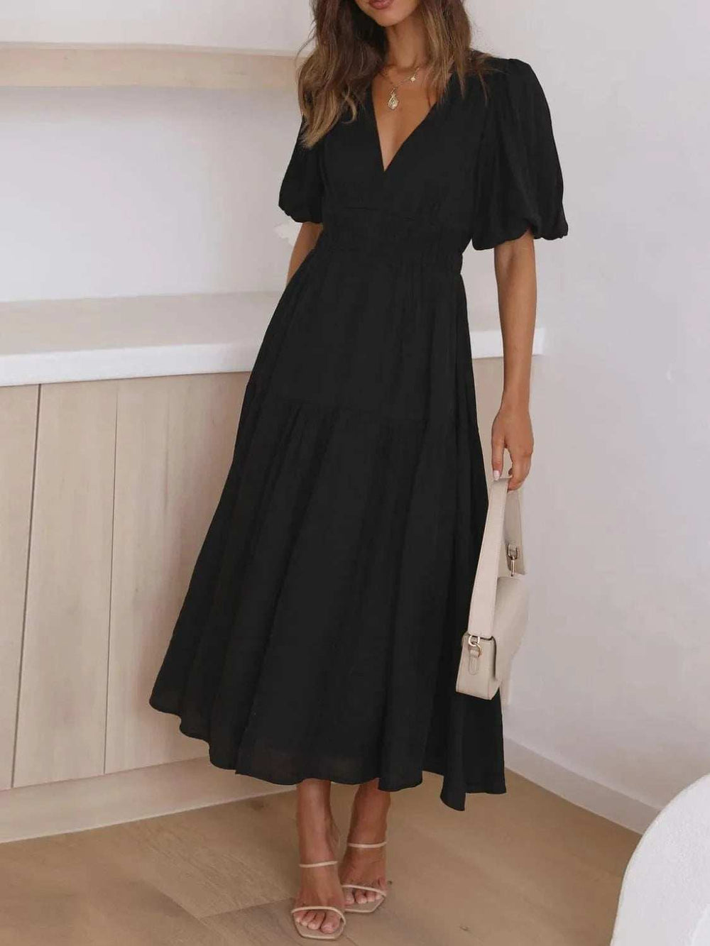 V-Neck Puff Sleeve Midi Dress - Trendsi - Flyclothing LLC