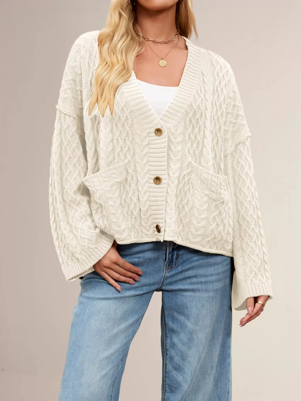 Cable Knit Button-Down Cardigan - Trendsi - Flyclothing LLC