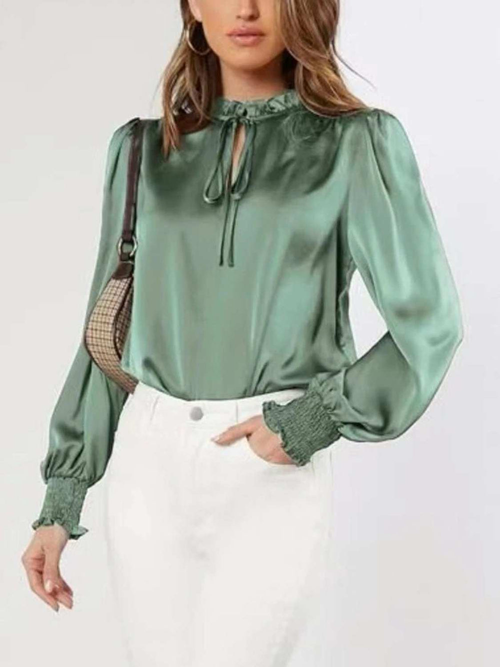 Frill Tied Lantern Sleeve Blouse - Trendsi - Flyclothing LLC