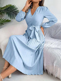 Pleated Tied V-Neck Long Sleeve Dress - Trendsi - Flyclothing LLC