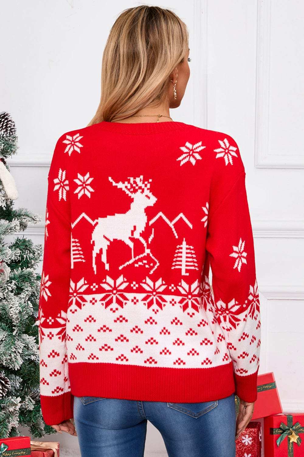 Angel Wings Deer Pattern Round Neck Long Sleeve Sweater - Trendsi - Flyclothing LLC