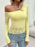 Single Shoulder Long Sleeve Lace T-Shirt - Trendsi - Flyclothing LLC