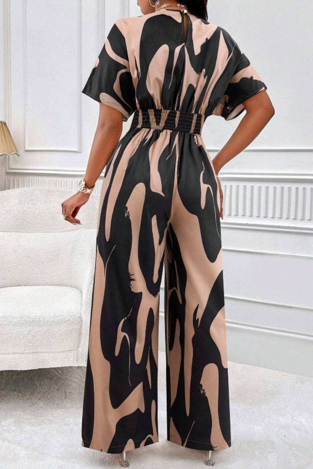 Printed V-Neck Short Sleeve Wide Leg Jumpsuit - Trendsi - Flyclothing LLC