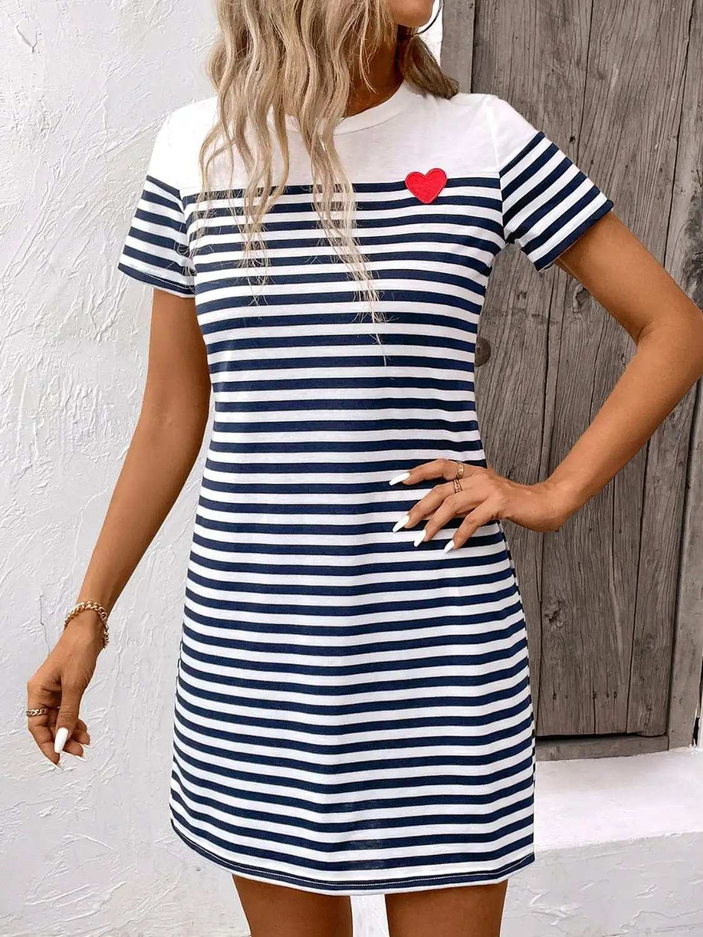 Striped Round Neck Short Sleeve Mini Dress - Trendsi - Flyclothing LLC
