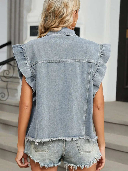 Raw Hem Cap Sleeve Denim Jacket - Trendsi - Flyclothing LLC