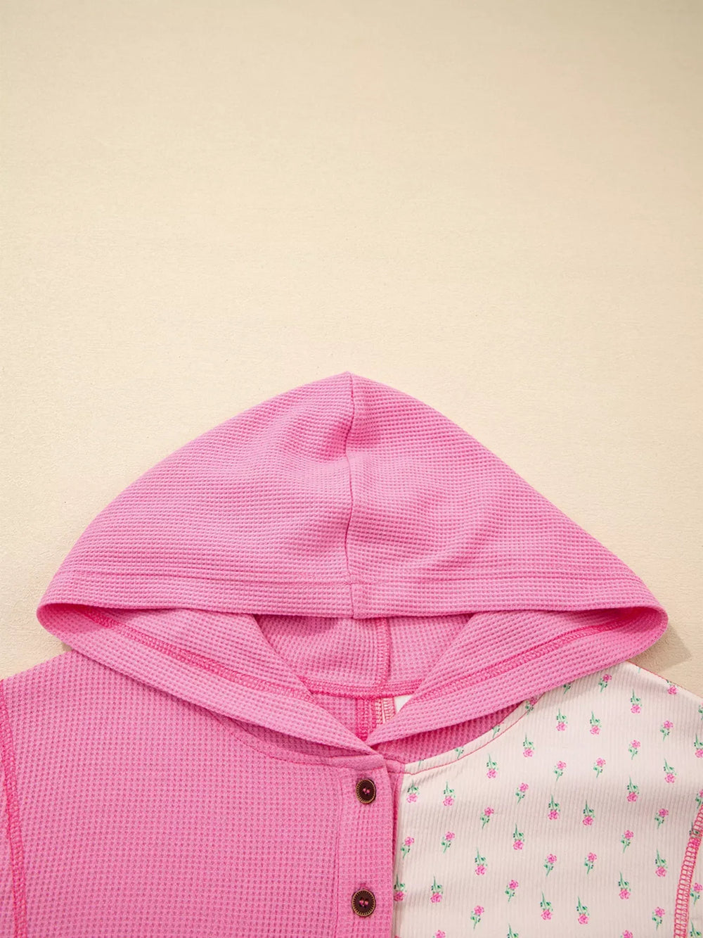 Mixed Texture Waffle Floral Patchwork Hooded Oversize Pullover - Trendsi - Flyclothing LLC