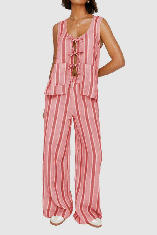 Tied Front Striped Top and Pants Set - Trendsi - Flyclothing LLC