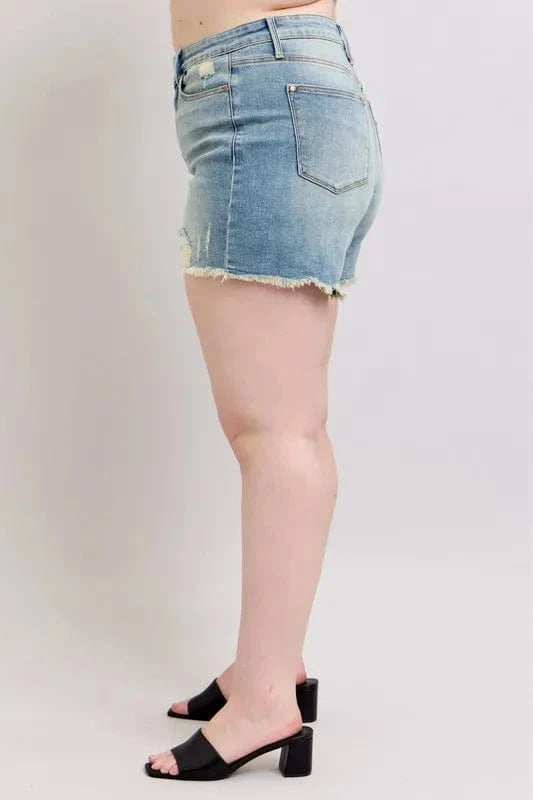 Judy Blue Full Size High Rise Washed Fly Stitch Detail and Destroy Denim Shorts Plus Size - Trendsi - Flyclothing LLC