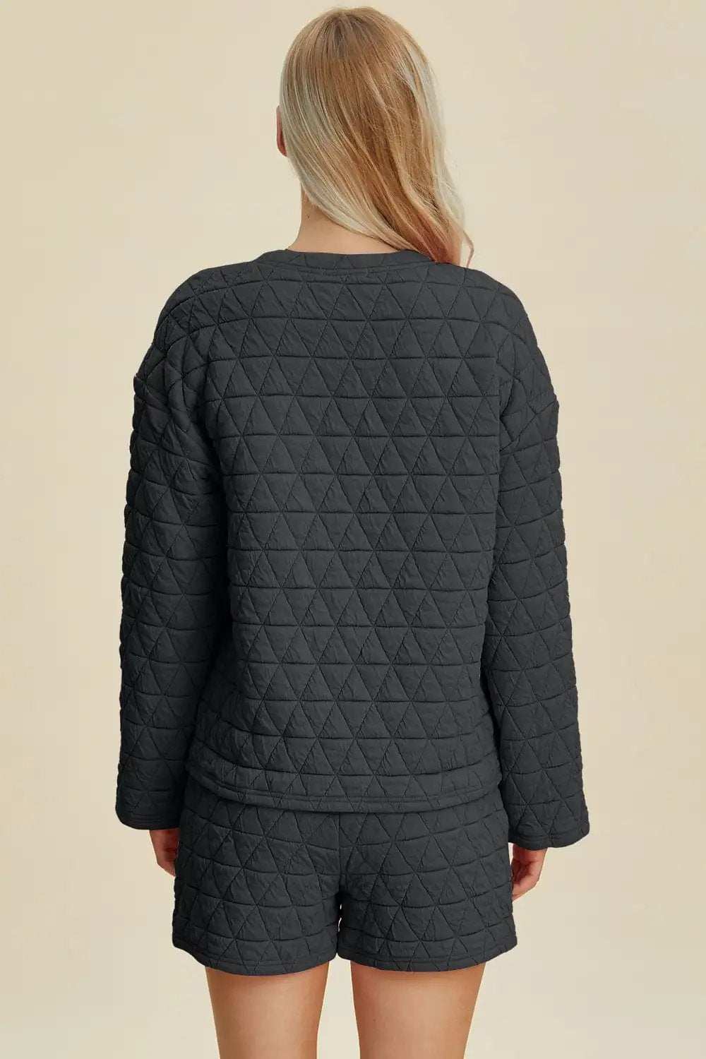 Double Take Full Size Texture Round Neck Long Sleeve Top and Shorts Set - Trendsi - Flyclothing LLC