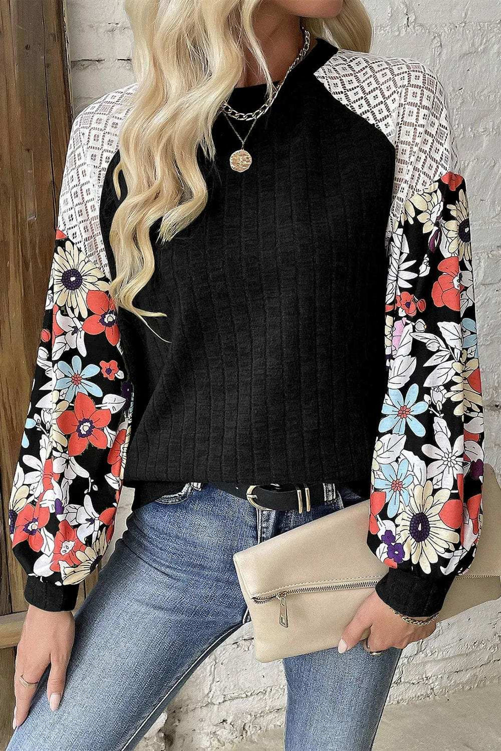 Printed Round Neck Long Sleeve Top - Trendsi - Flyclothing LLC
